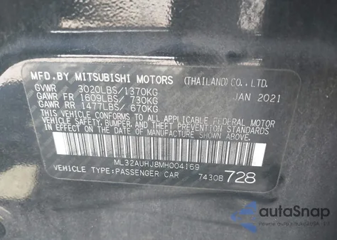 2021 Mitsubishi Mirage Carbonite Edition/Es/Le из США, поврежденный, VIN ML32AUHJ8MH004169